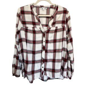 Womens Top New Directions White Red Black Plaid Button Up Size Large